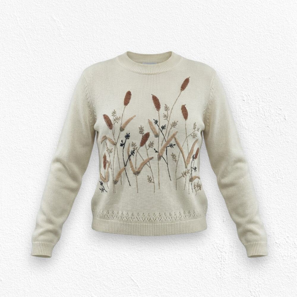 Vintage 90s Nature Knit Sweater Cozy Neutral Cattail Print Size Medium